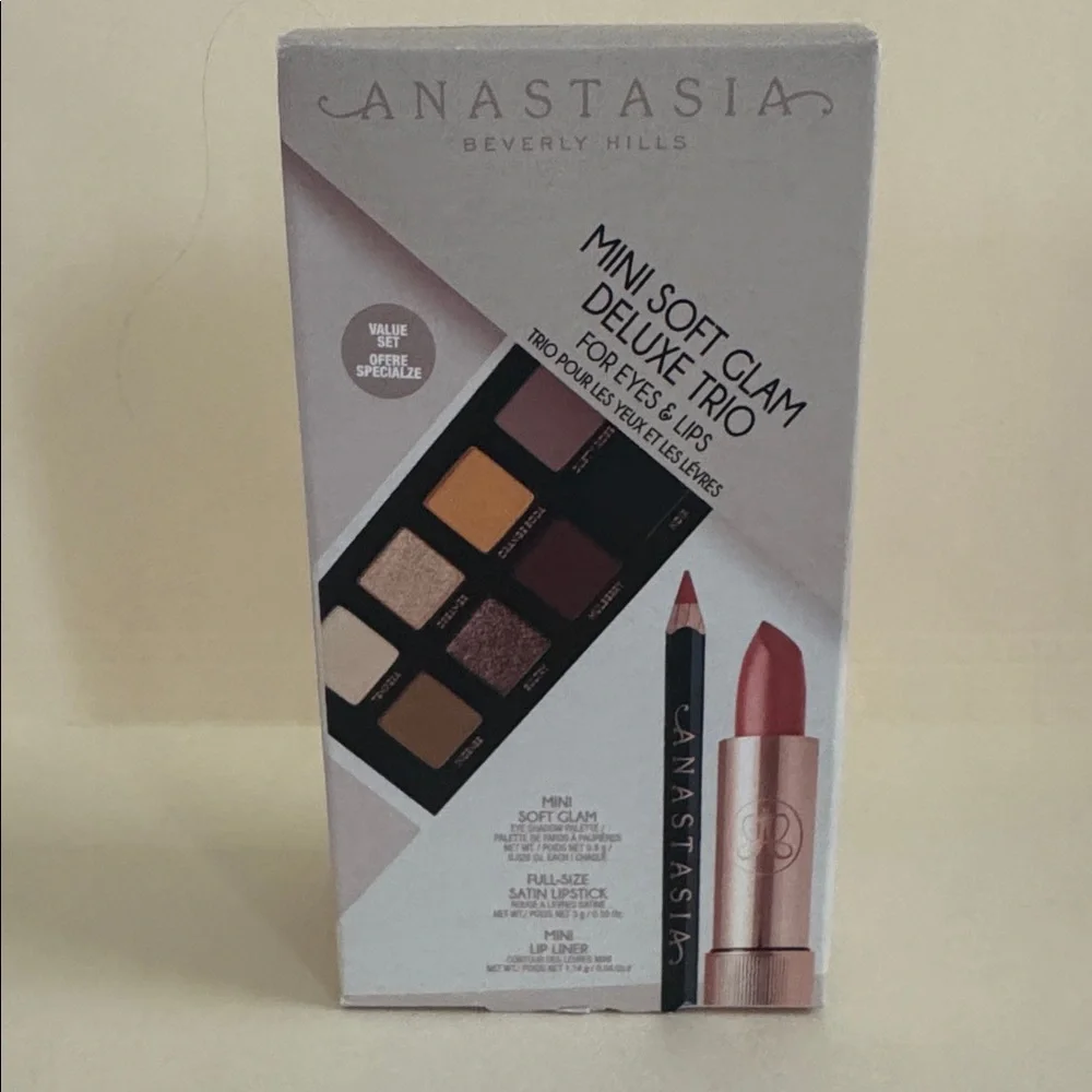 ANASTASIA Mini Soft Glam Deluxe Trio NIB Eyeshadow Palette Lipstick Lip Liner